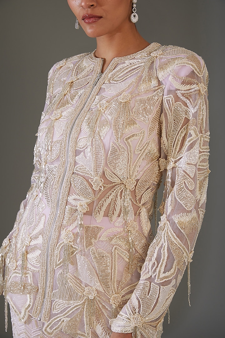 Ivory Double Georgette Embroidered Jacket Set by Ritika Mirchandani at Pernia's Pop Up Shop