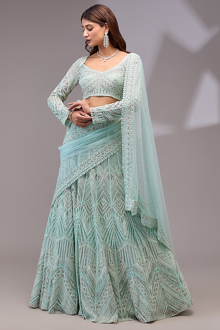 Aqua Net Thread & Bugle Beads Embroidered Bridal Lehenga Set by Ritika Mirchandani at Pernia's Pop Up Shop