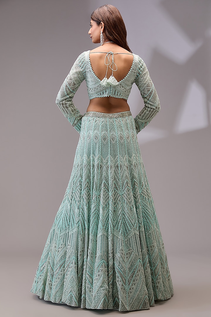 Aqua Net Thread & Bugle Beads Embroidered Bridal Lehenga Set by Ritika Mirchandani at Pernia's Pop Up Shop