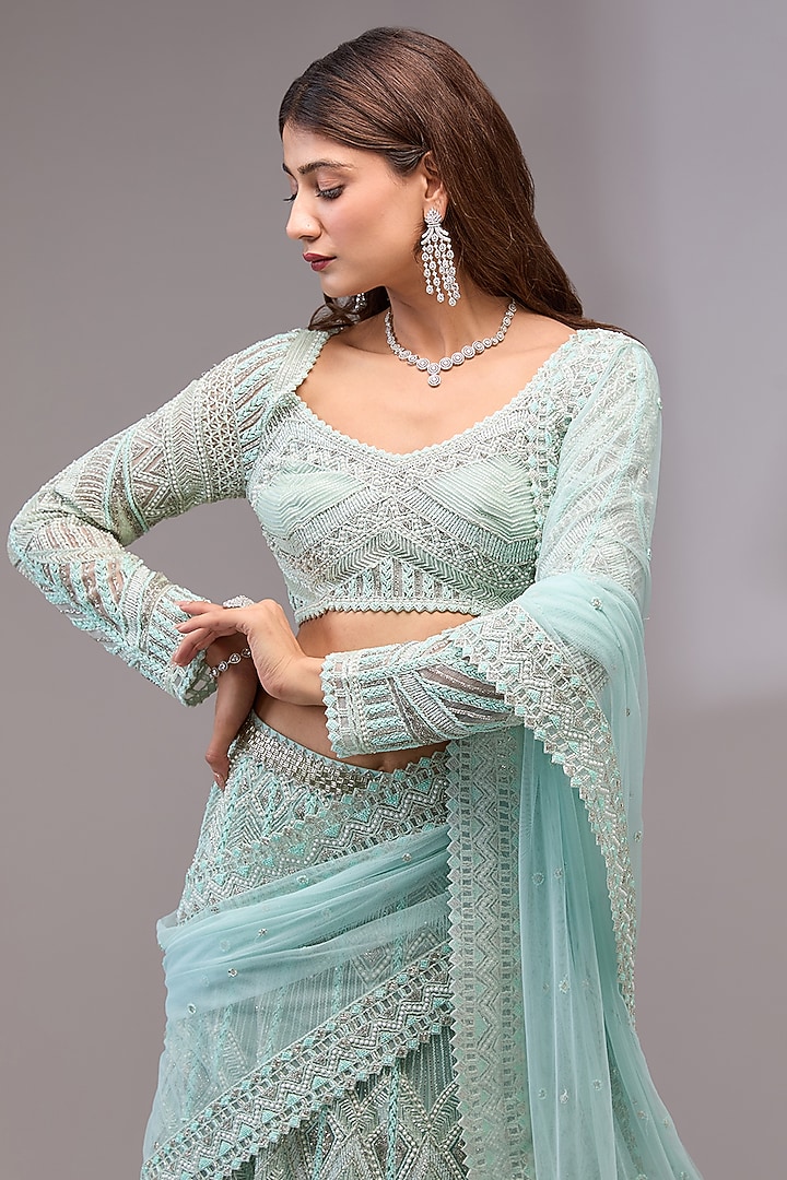 Aqua Net Thread & Bugle Beads Embroidered Bridal Lehenga Set by Ritika Mirchandani at Pernia's Pop Up Shop