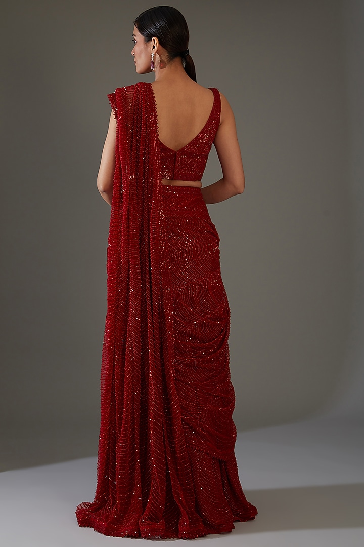 Red Double Georgette Embroidered Bridal Saree Set by Ritika Mirchandani at Pernia's Pop Up Shop