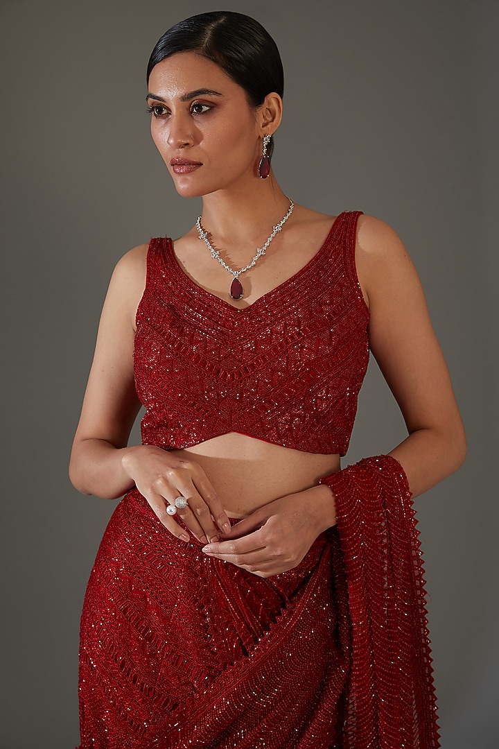 Red Double Georgette Embroidered Bridal Saree Set by Ritika Mirchandani at Pernia's Pop Up Shop