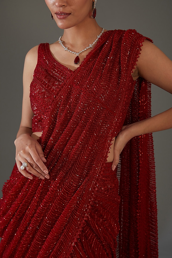 Red Double Georgette Embroidered Bridal Saree Set by Ritika Mirchandani at Pernia's Pop Up Shop
