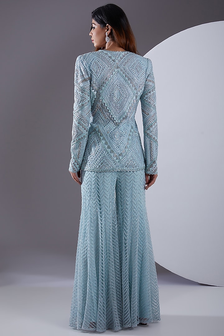 Ice Blue Crepe & Georgette Abstract Bridal Sharara Set by Ritika Mirchandani at Pernia's Pop Up Shop