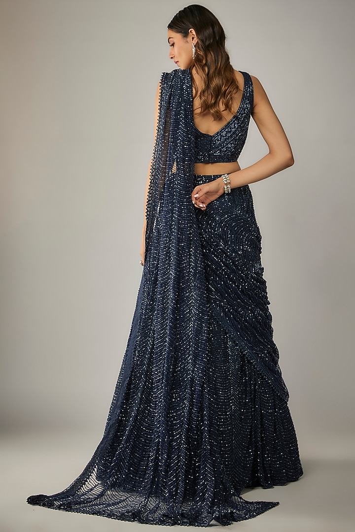 Navy Blue Net & Georgette Bridal Lehenga Saree Set by Ritika Mirchandani at Pernia's Pop Up Shop
