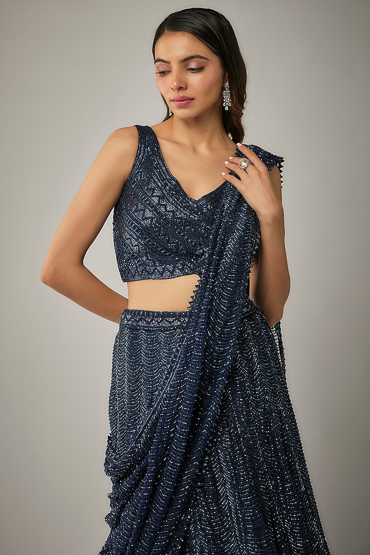Navy Blue Net & Georgette Bridal Lehenga Saree Set by Ritika Mirchandani at Pernia's Pop Up Shop