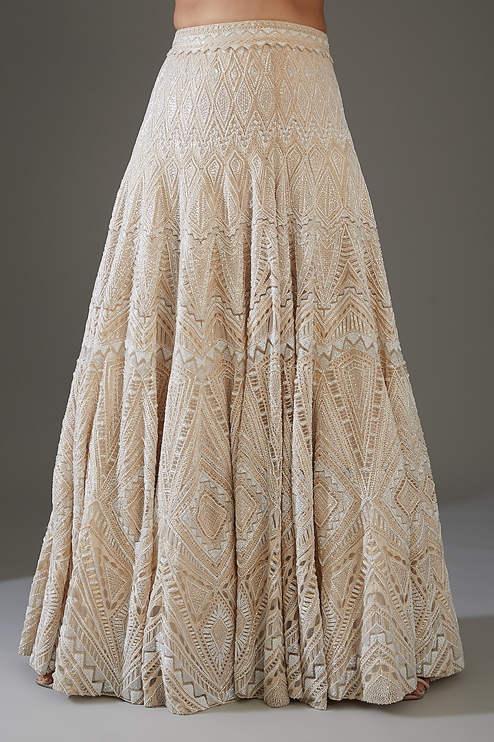 Ivory Net & Crepe Embroidered Bridal Lehenga Set by Ritika Mirchandani at Pernia's Pop Up Shop