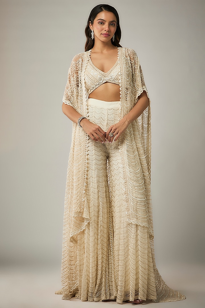 Off-White Net & Double Georgette Embroidered Cape Set by Ritika Mirchandani