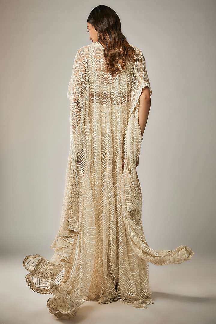 Off-White Net & Double Georgette Embroidered Cape Set by Ritika Mirchandani at Pernia's Pop Up Shop