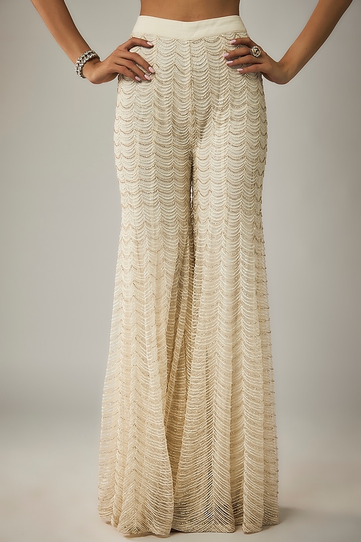 Off-White Net & Double Georgette Embroidered Cape Set by Ritika Mirchandani at Pernia's Pop Up Shop