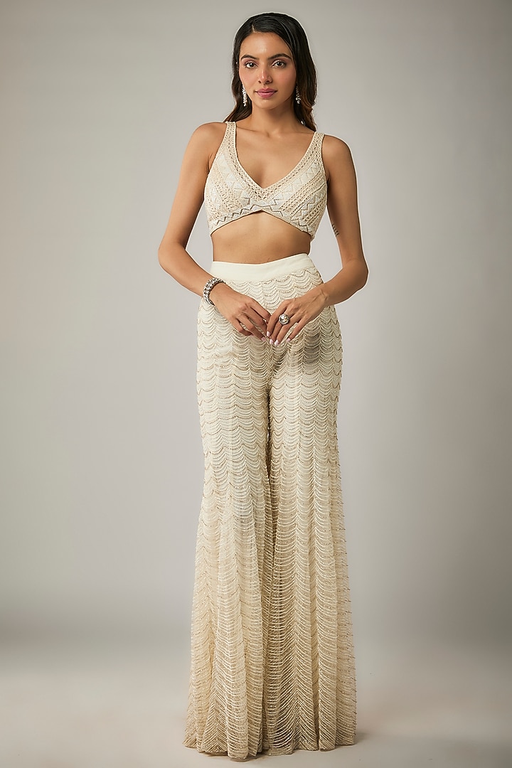 Off-White Net & Double Georgette Embroidered Cape Set by Ritika Mirchandani at Pernia's Pop Up Shop