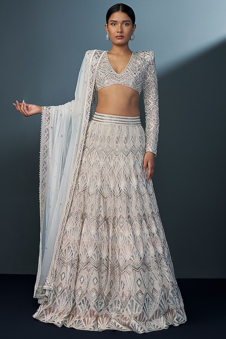 Ivory Double Georgette Crystal Embellished Lehenga Set by Ritika Mirchandani