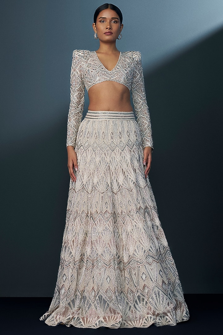 Ivory Double Georgette Crystal Embellished Bridal Lehenga Set by Ritika Mirchandani at Pernia's Pop Up Shop