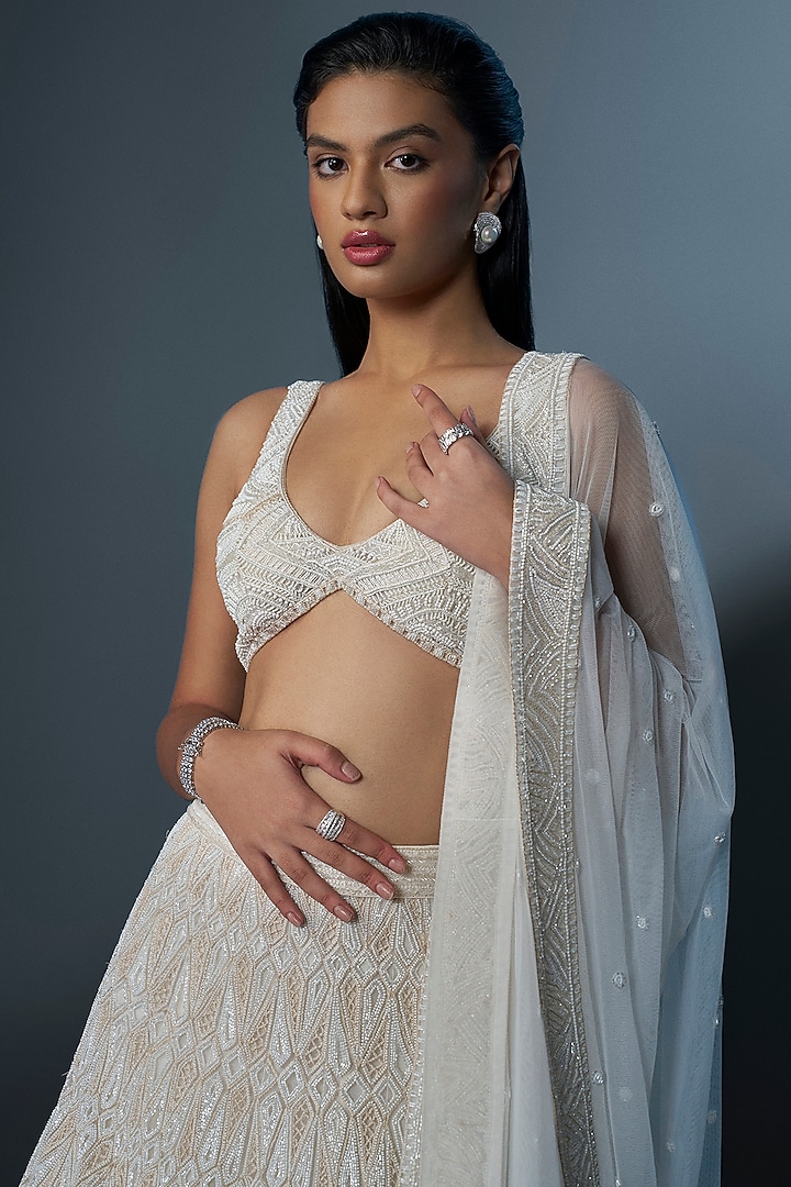 Ivory Double Georgette Crystal Embellished Bridal Lehenga Set by Ritika Mirchandani at Pernia's Pop Up Shop