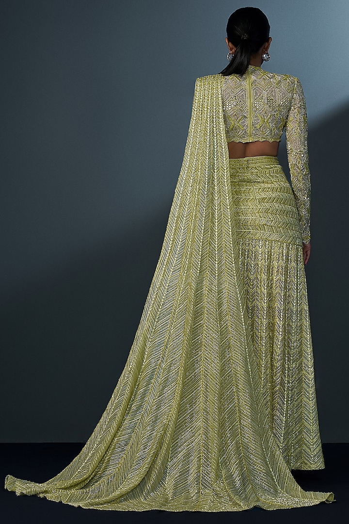 Arctic Lime Double Georgette Pre-Stitched Slit Bridal Saree Set by Ritika Mirchandani at Pernia's Pop Up Shop