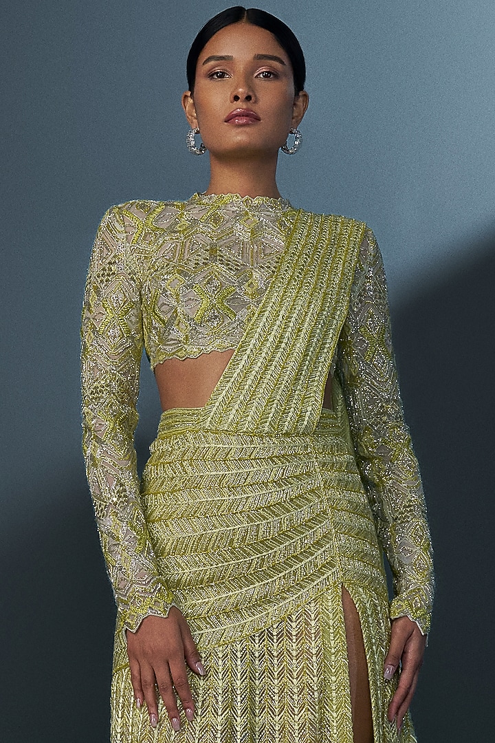 Arctic Lime Double Georgette Pre-Stitched Slit Bridal Saree Set by Ritika Mirchandani at Pernia's Pop Up Shop