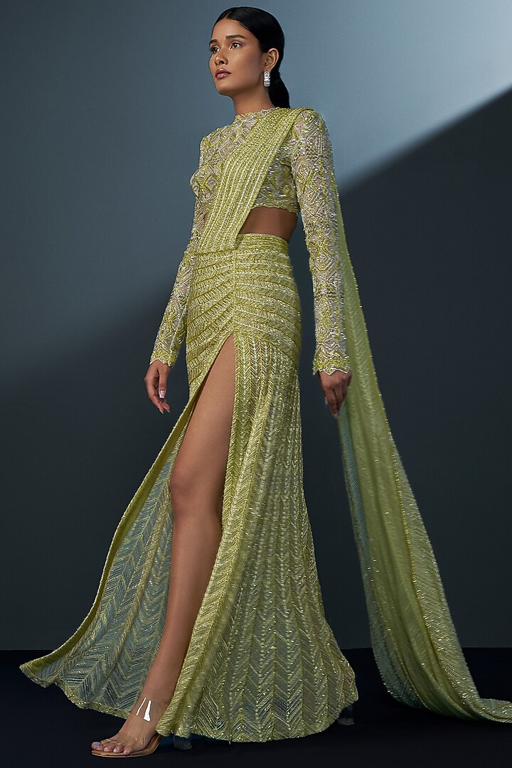 Arctic Lime Double Georgette Pre-Stitched Slit Bridal Saree Set by Ritika Mirchandani at Pernia's Pop Up Shop