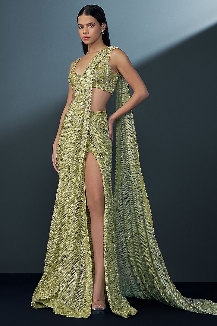 Arctic Lime Double Georgette Pre-Stitched Slit Saree Set by Ritika Mirchandani at Pernia's Pop Up Shop