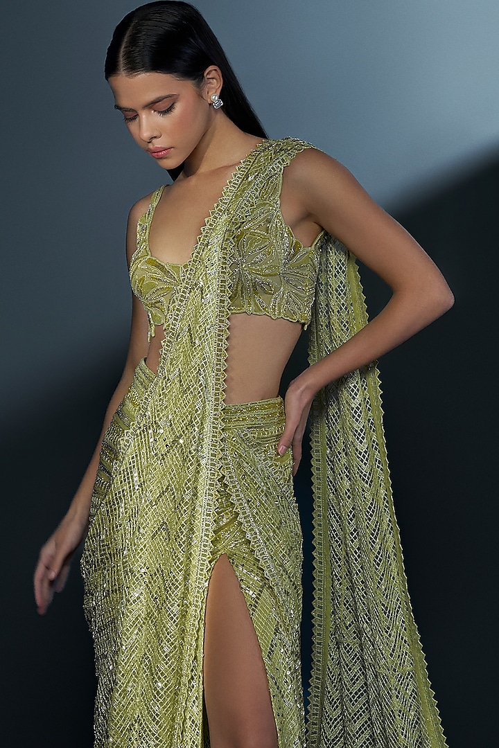 Arctic Lime Double Georgette Pre-Stitched Slit Bridal Saree Set by Ritika Mirchandani at Pernia's Pop Up Shop