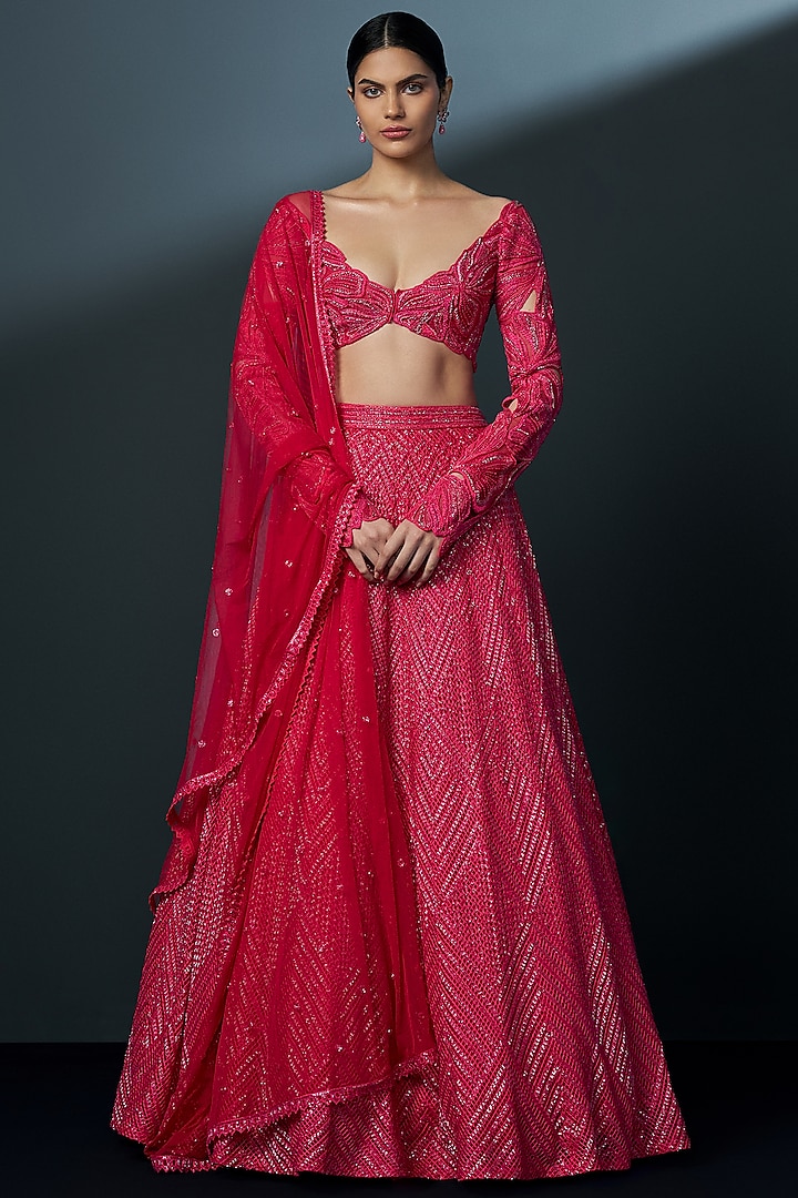 Fuchsia Double Georgette Cascade Bridal Lehenga Set by Ritika Mirchandani at Pernia's Pop Up Shop