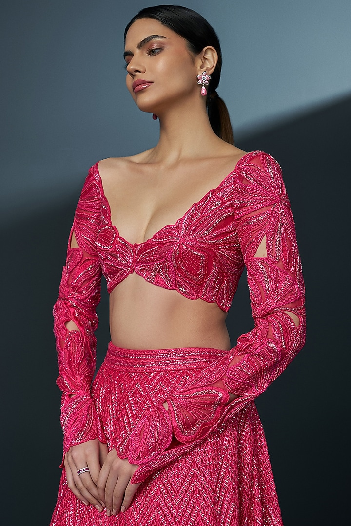Fuchsia Double Georgette Cascade Bridal Lehenga Set by Ritika Mirchandani at Pernia's Pop Up Shop