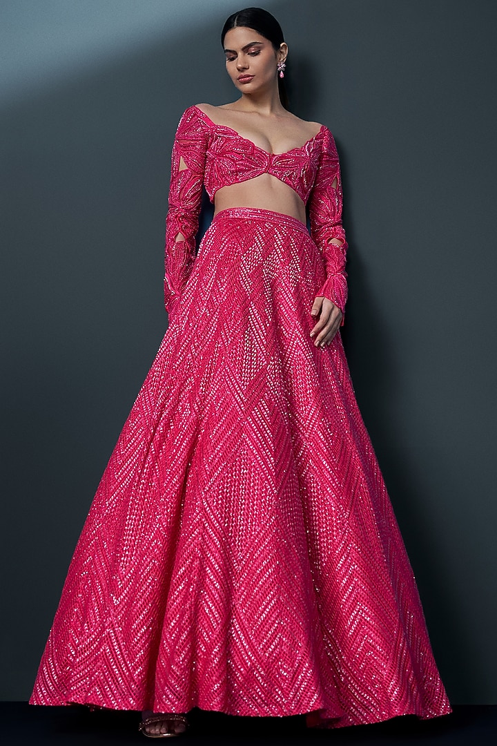Fuchsia Double Georgette Cascade Bridal Lehenga Set by Ritika Mirchandani at Pernia's Pop Up Shop
