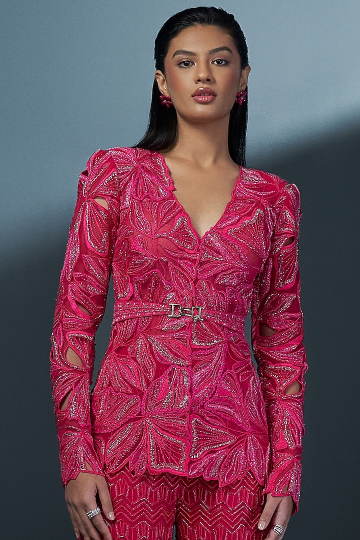 Fuchsia Double Georgette Floral Cutwork Kurta Set by Ritika Mirchandani at Pernia's Pop Up Shop