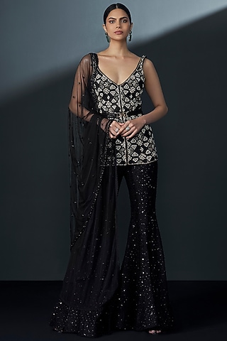 Black & Gold Double Georgette Embellished Kurta Set by Ritika Mirchandani