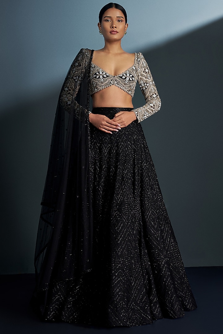 Black Double Georgette Cascade Bridal Lehenga Set by Ritika Mirchandani at Pernia's Pop Up Shop