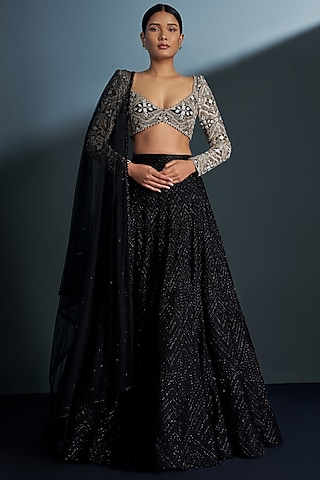 Black Double Georgette Cascade Lehenga Set by Ritika Mirchandani