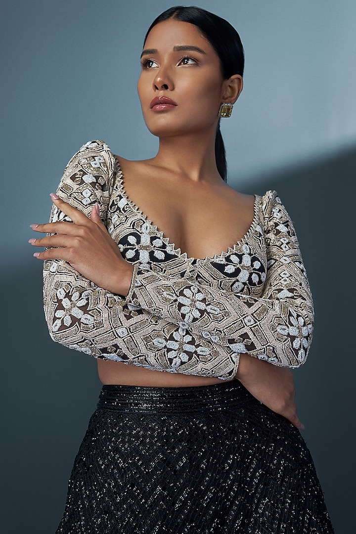 Black Double Georgette Cascade Bridal Lehenga Set by Ritika Mirchandani at Pernia's Pop Up Shop