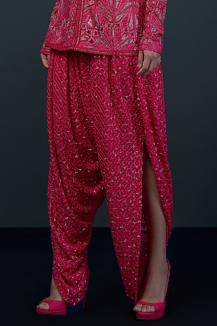 Fuchsia Double Georgette Crystal Embellished Kurta Set by Ritika Mirchandani at Pernia's Pop Up Shop