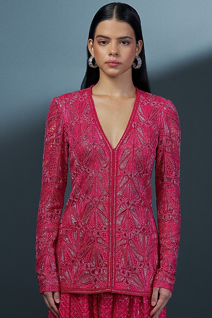 Fuchsia Double Georgette Crystal Embellished Kurta Set by Ritika Mirchandani at Pernia's Pop Up Shop