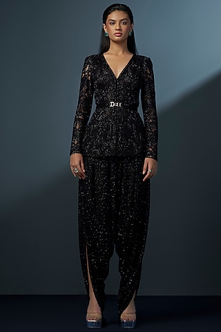 Black Double Georgette Crystal Embellished Kurta Set by Ritika Mirchandani