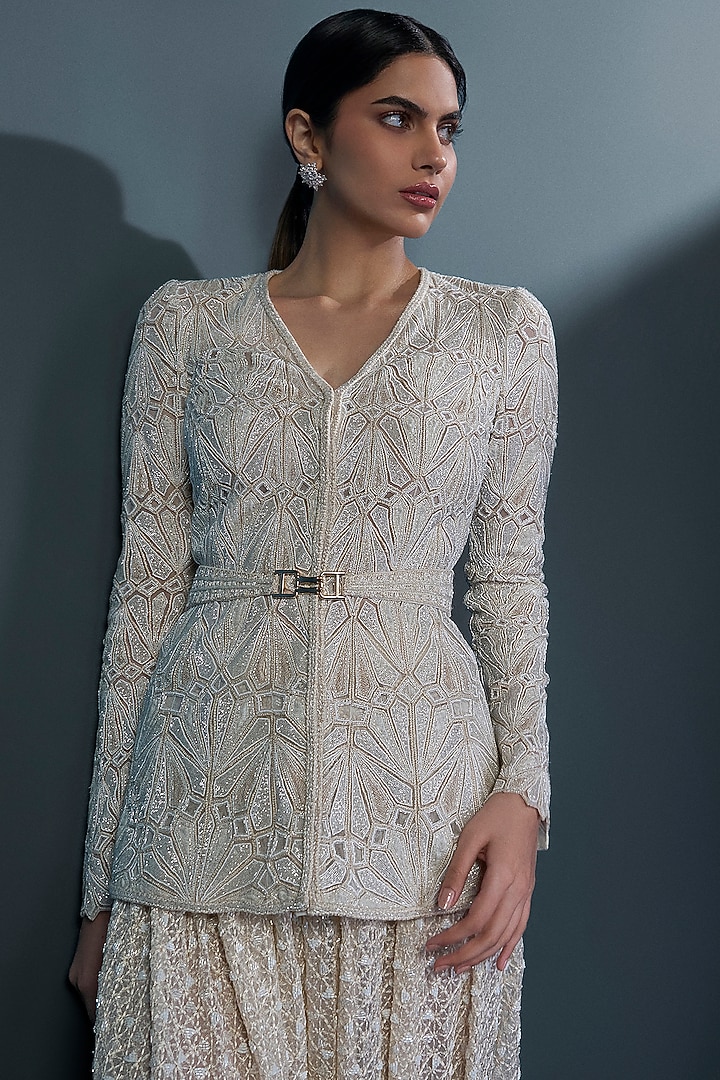 Ivory Double Georgette Crystal Embellished Kurta Set by Ritika Mirchandani at Pernia's Pop Up Shop