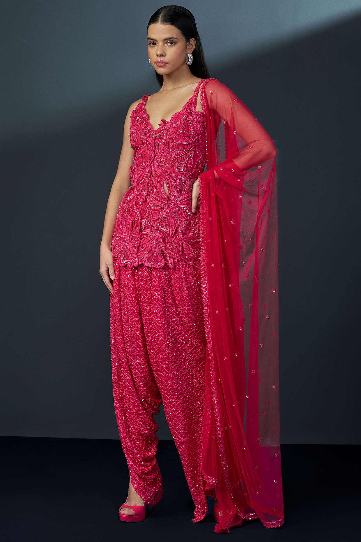 Fuchsia Double Georgette Cutwork Embellished Kurta Set by Ritika Mirchandani at Pernia's Pop Up Shop