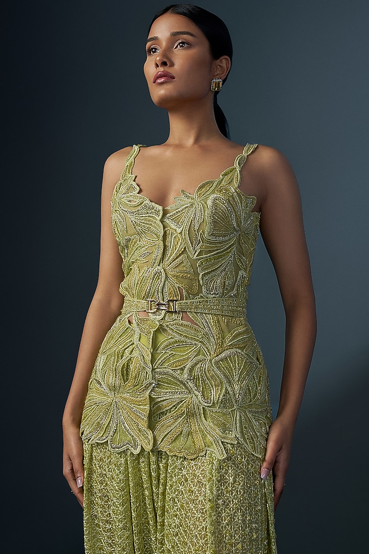 Lime Green Double Georgette Cutwork Embellished Kurta Set by Ritika Mirchandani at Pernia's Pop Up Shop