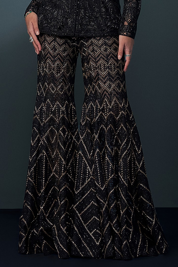 Black & Gold Double Georgette Crystal Embroidered Bridal Sharara Set by Ritika Mirchandani at Pernia's Pop Up Shop