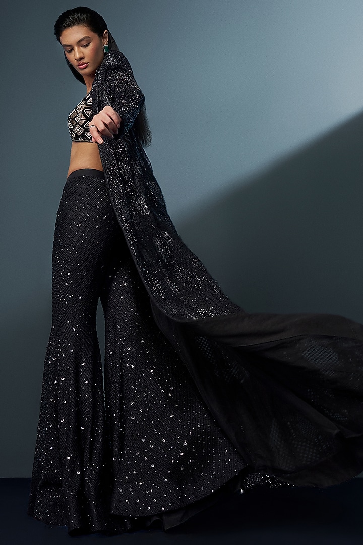 Black & Gold Double Georgette Crystal Embroidered Bridal Sharara Set by Ritika Mirchandani at Pernia's Pop Up Shop
