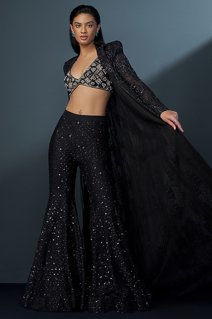 Black & Gold Double Georgette Crystal Embroidered Bridal Sharara Set by Ritika Mirchandani at Pernia's Pop Up Shop