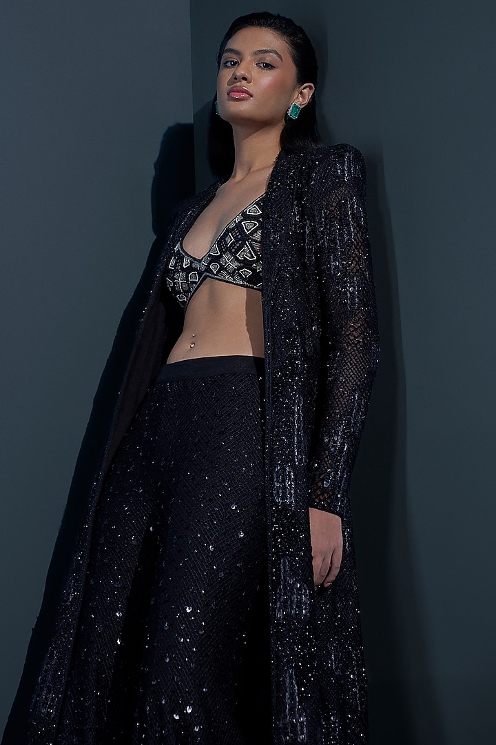 Black & Gold Double Georgette Crystal Embroidered Bridal Sharara Set by Ritika Mirchandani at Pernia's Pop Up Shop