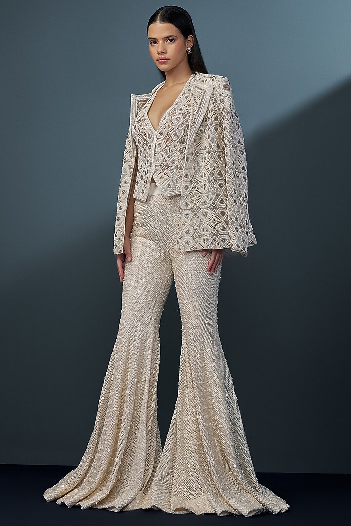 Ivory & Gold Double Georgette Crystal Embroidered Bridal Sharara Set by Ritika Mirchandani at Pernia's Pop Up Shop