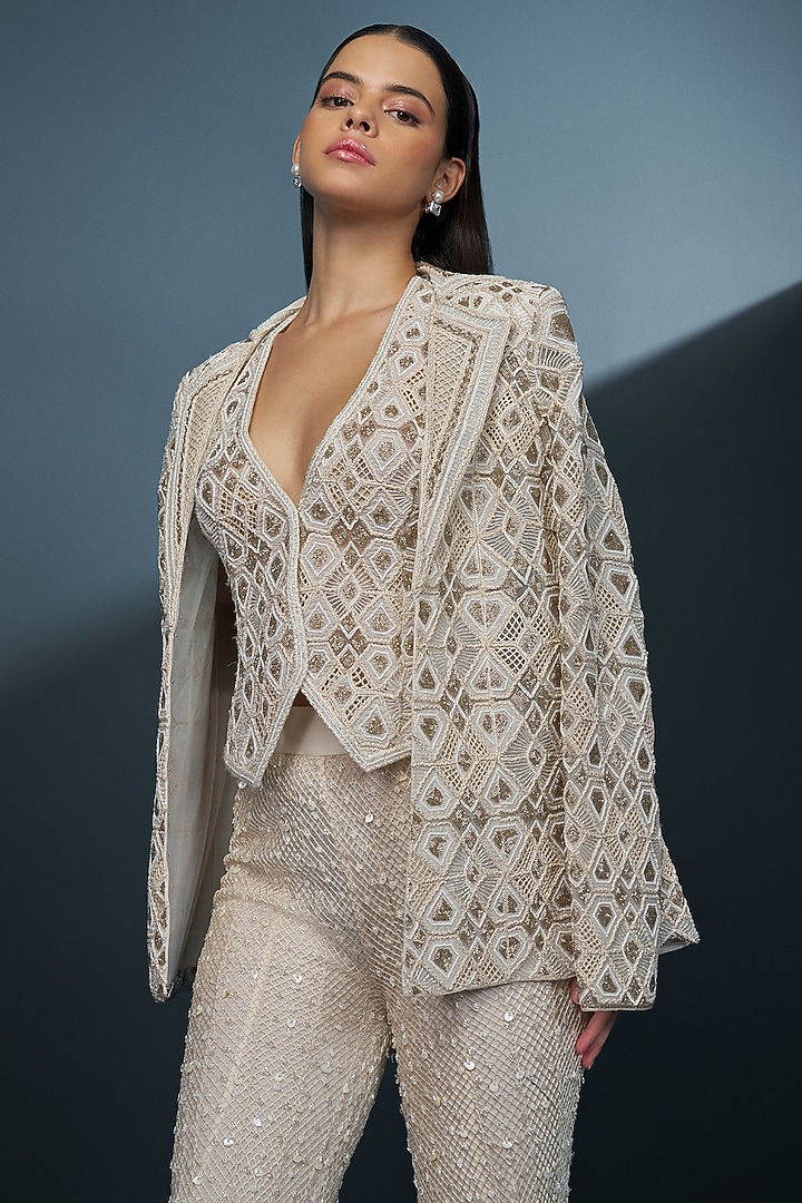 Ivory & Gold Double Georgette Crystal Embroidered Bridal Sharara Set by Ritika Mirchandani at Pernia's Pop Up Shop