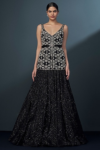 Black & Gold Double Georgette Crystal Embroidered Cascade Lehenga Set by Ritika Mirchandani