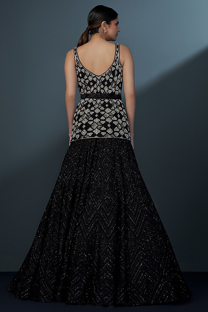 Black & Gold Double Georgette Crystal Embroidered Cascade Bridal Lehenga Set by Ritika Mirchandani at Pernia's Pop Up Shop