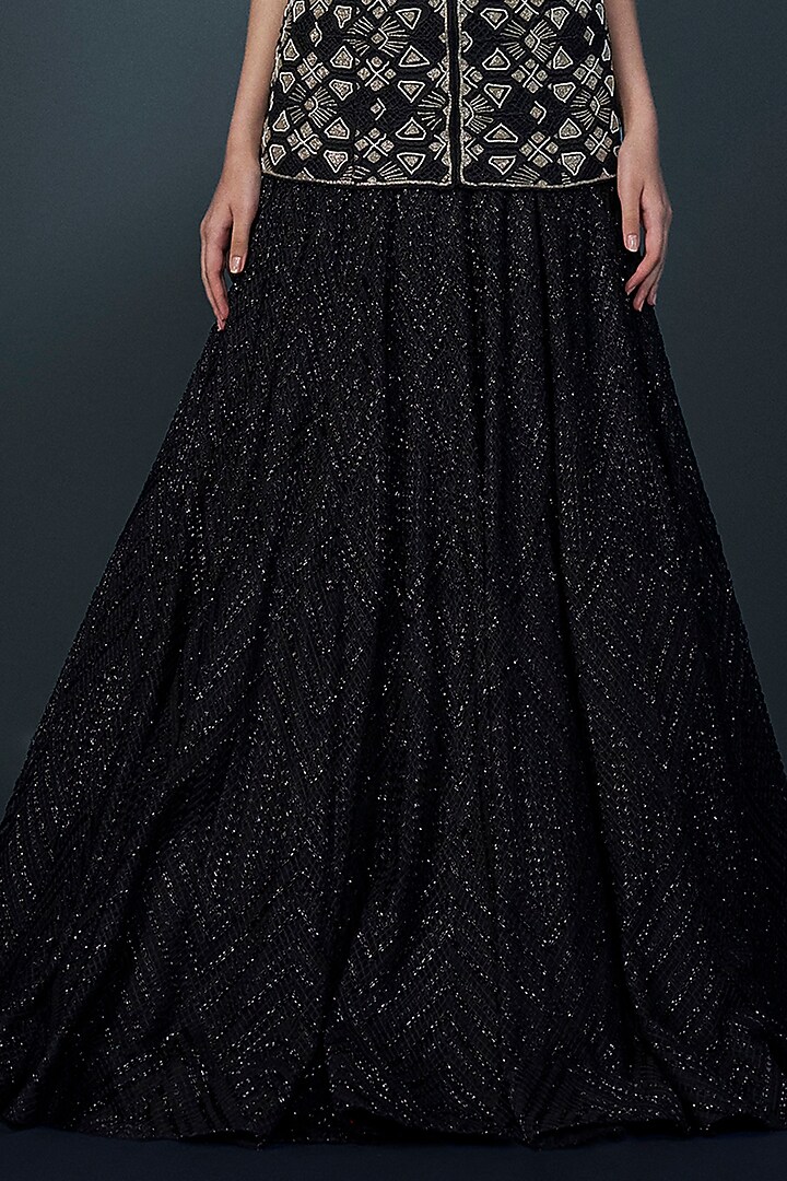 Black & Gold Double Georgette Crystal Embroidered Cascade Bridal Lehenga Set by Ritika Mirchandani at Pernia's Pop Up Shop