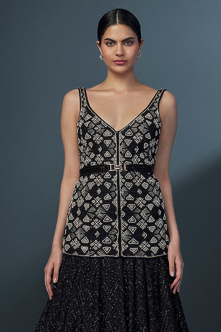 Black & Gold Double Georgette Crystal Embroidered Cascade Bridal Lehenga Set by Ritika Mirchandani at Pernia's Pop Up Shop