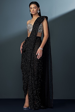 Black Double Georgette Crystal Embroidered Pre-Draped Saree Set by Ritika Mirchandani