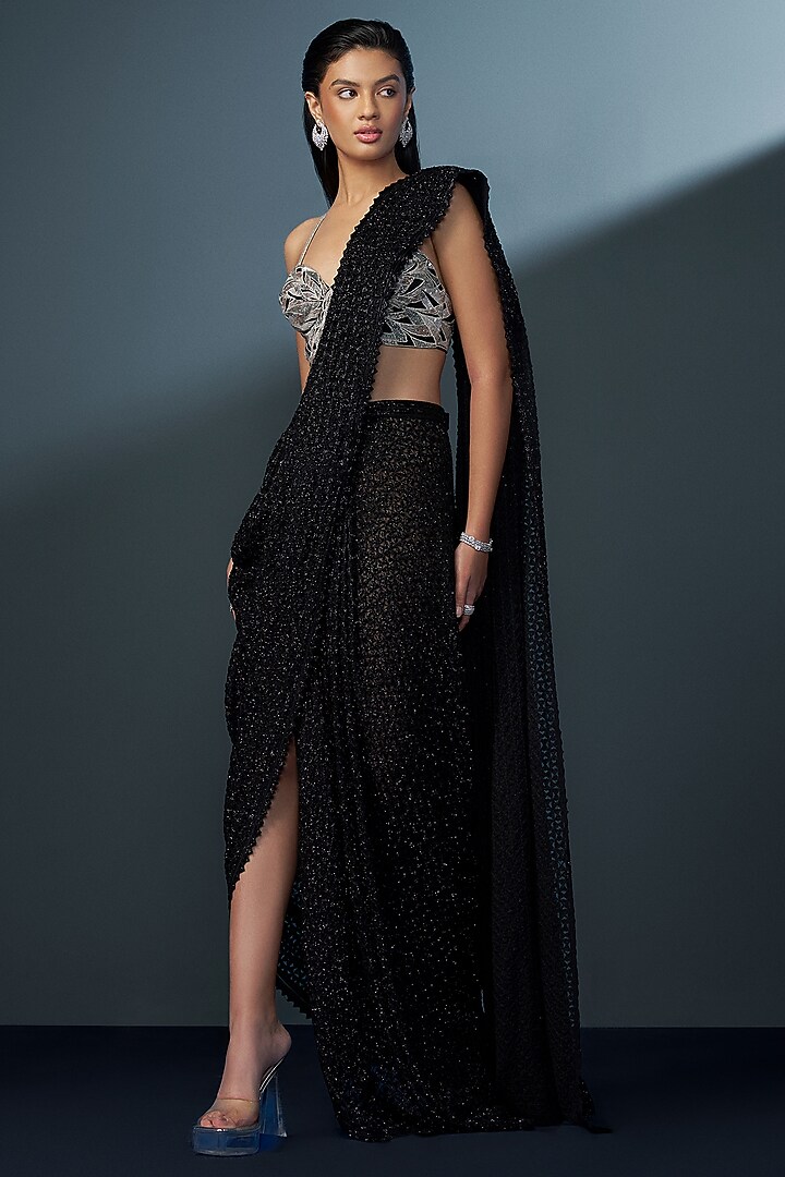 Black Double Georgette Crystal Embroidered Pre-Draped Bridal Saree Set by Ritika Mirchandani at Pernia's Pop Up Shop