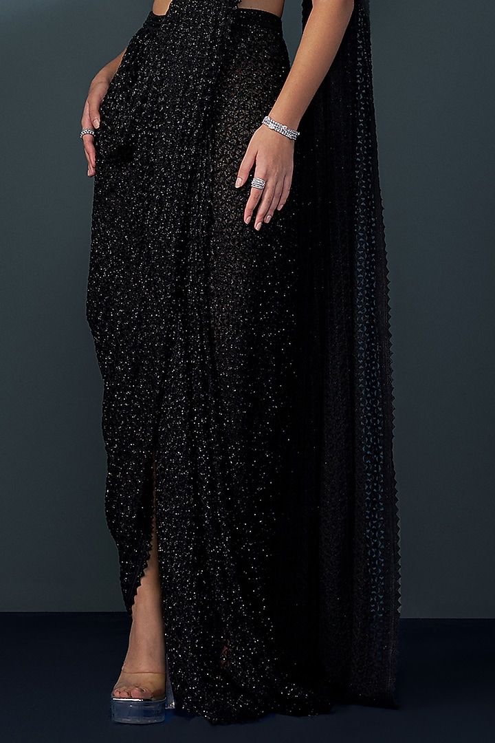 Black Double Georgette Crystal Embroidered Pre-Draped Bridal Saree Set by Ritika Mirchandani at Pernia's Pop Up Shop